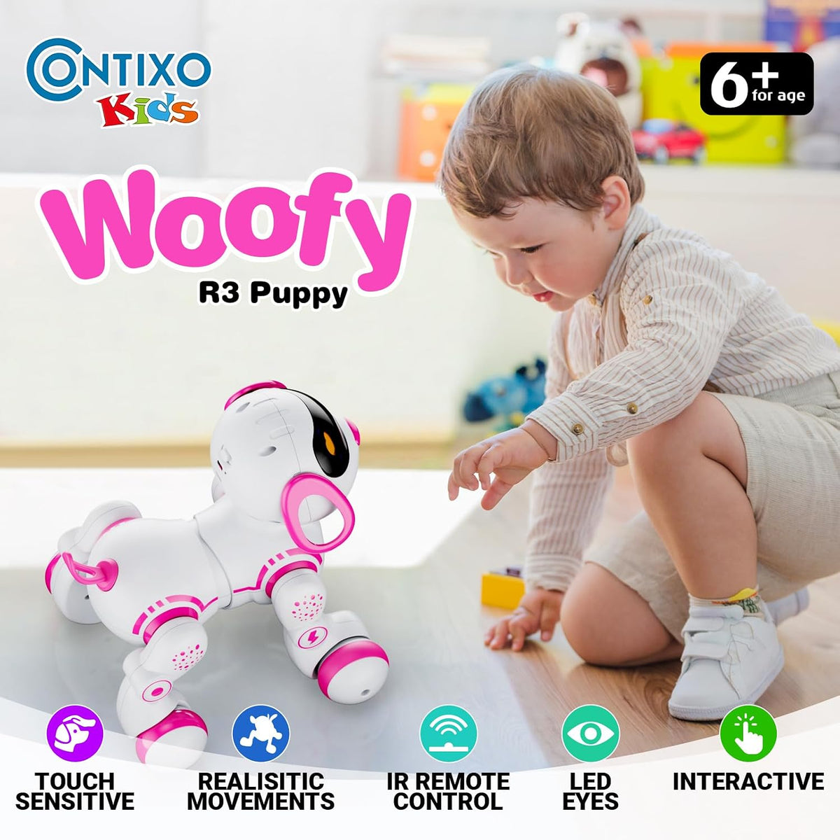 Perro robot Contixo R3 de juguete para niños - Mascota robótica inteligente con control remoto interactivo y función de baile para niños y niñas de 3 a 12 años - Rosa