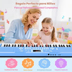 Teclado de piano para niños de 61 teclas con teclas iluminadas, modo de enseñanza, altavoz dual