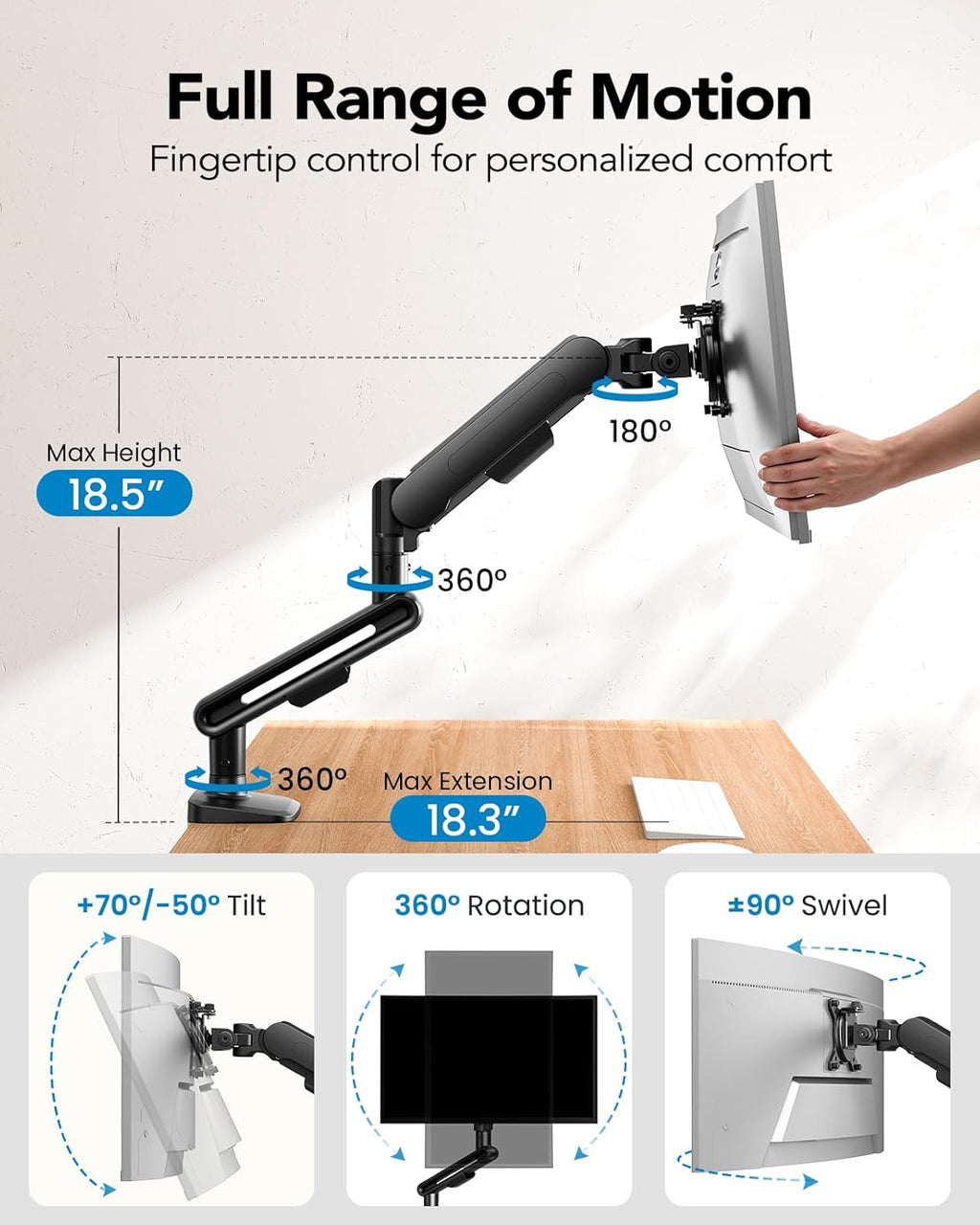 HUANUO Brazo de monitor ultraancho para pantallas de 13 a 40 pulgadas, soporte para monitor individual con capacidad para hasta 26.4 libras, soporte de monitor ajustable con abrazadera en C y base de