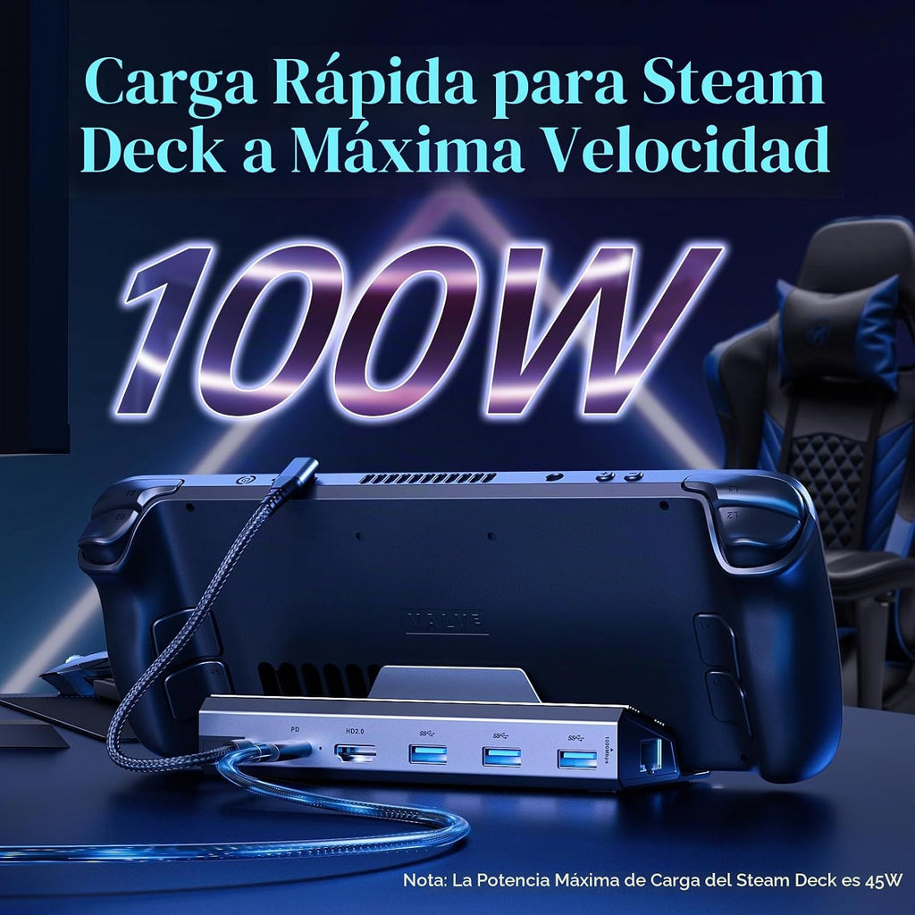 Estación de acoplamiento para Steam Deck/ROG Ally/Legion Go, la base de cubierta de vapor 6 en 1. Ethernet de 1000 Mbps, carga rápida de 3.0 PD 100W, HDMI 2.0 4K @60Hz y 3 puertos USB 3.0 Base OLED para plataforma de vapor.
