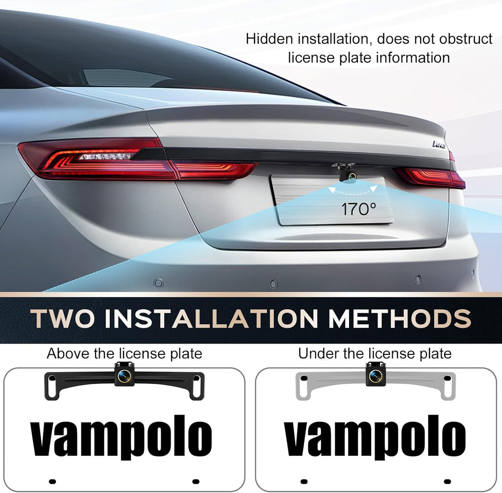 Cámara de respaldo vampolo, cámara de respaldo para placa de matrícula para automóvil, cámara de visión trasera de 170 grados de ángulo amplio AHD 1080P de metal, cámara de visión trasera inversa para