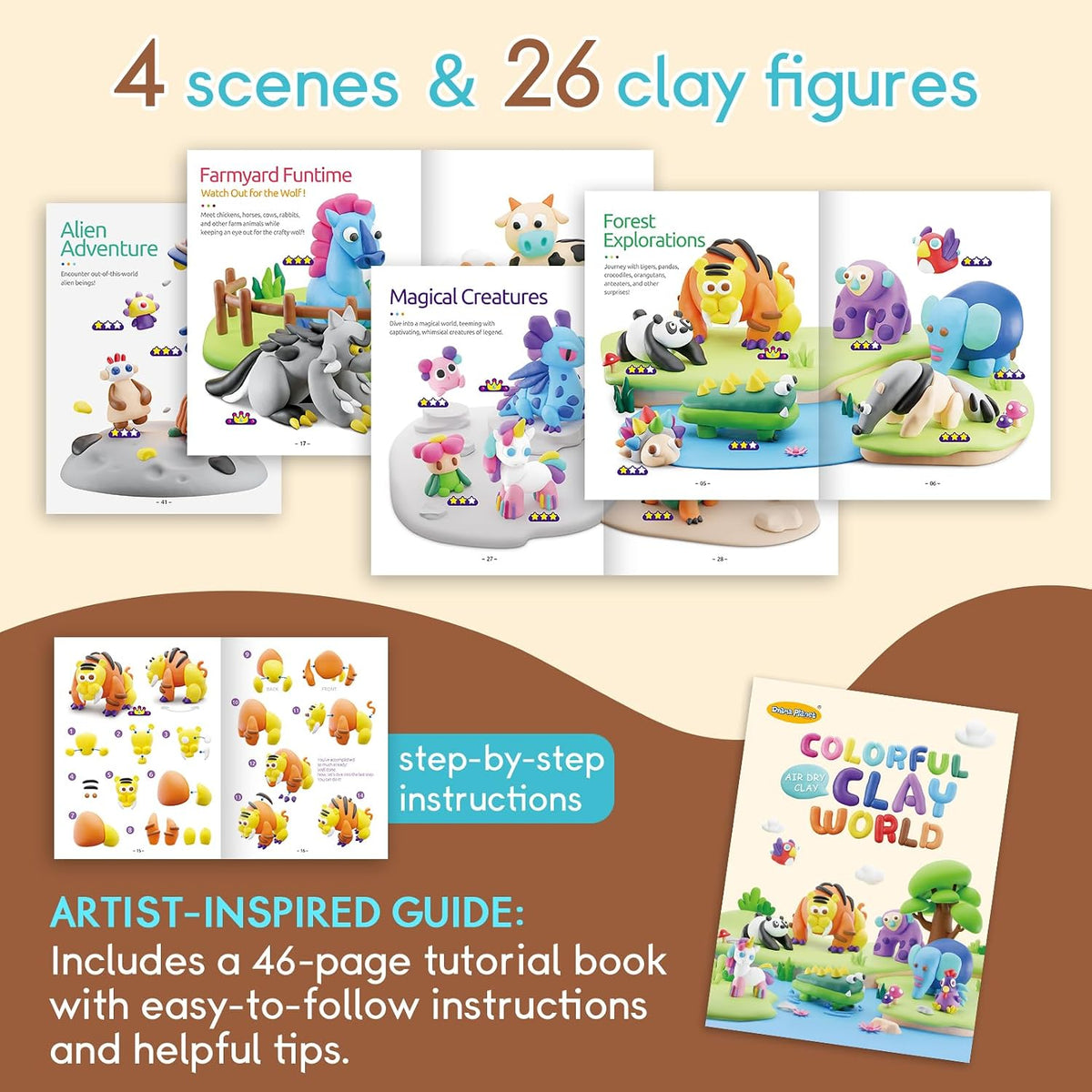Drama Planet Kit de arcilla seca al aire para niños, 26 tutoriales de