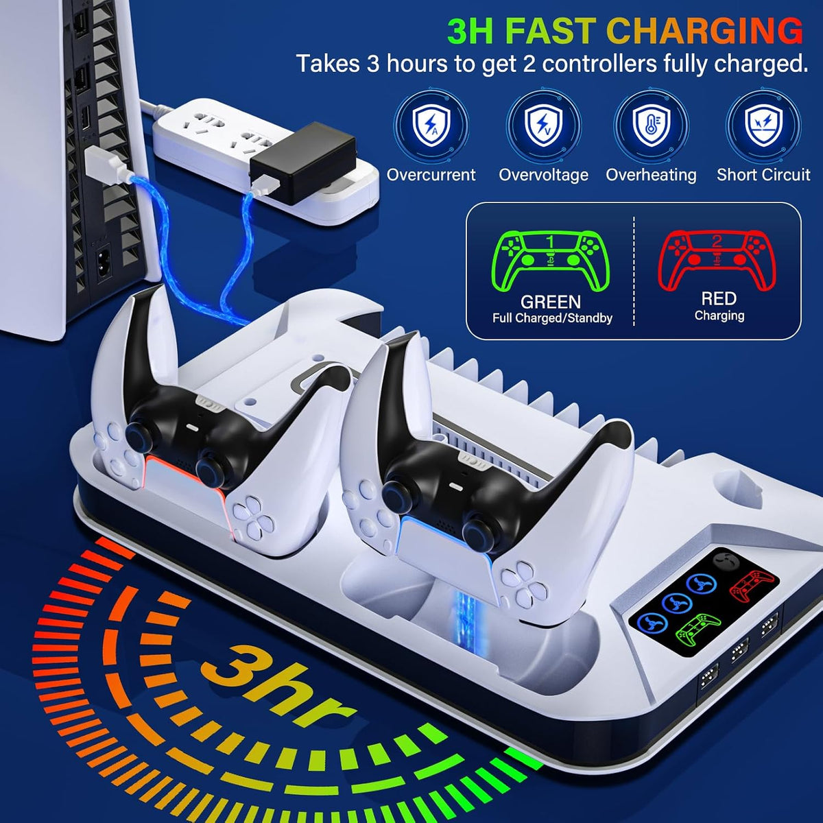 Estación de enfriamiento para PS5/Slim/Pro con estación de carga para mando para PlayStation 5 Slim y Standard y Pro Disc/Digital, Soporte de PS5 Pro con ventilador de enfriamiento y accesorios Incluye enfriador/ventilador y 3 hubs USB