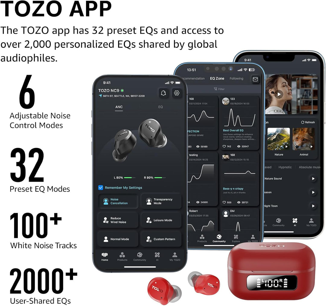 TOZO NC9 Auriculares inalámbricos híbridos con cancelación activa d...