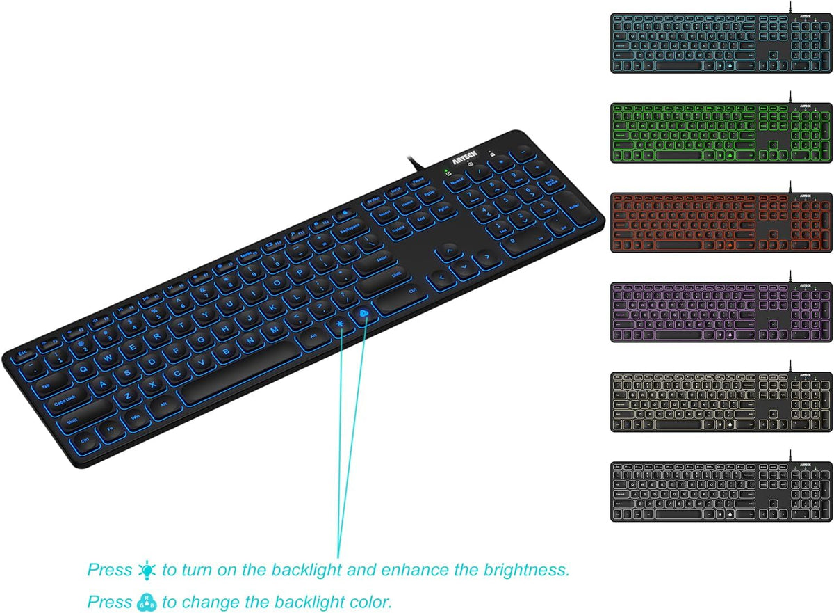 Arteck - Teclado retroiluminado USB con cable de tamaño completo co...