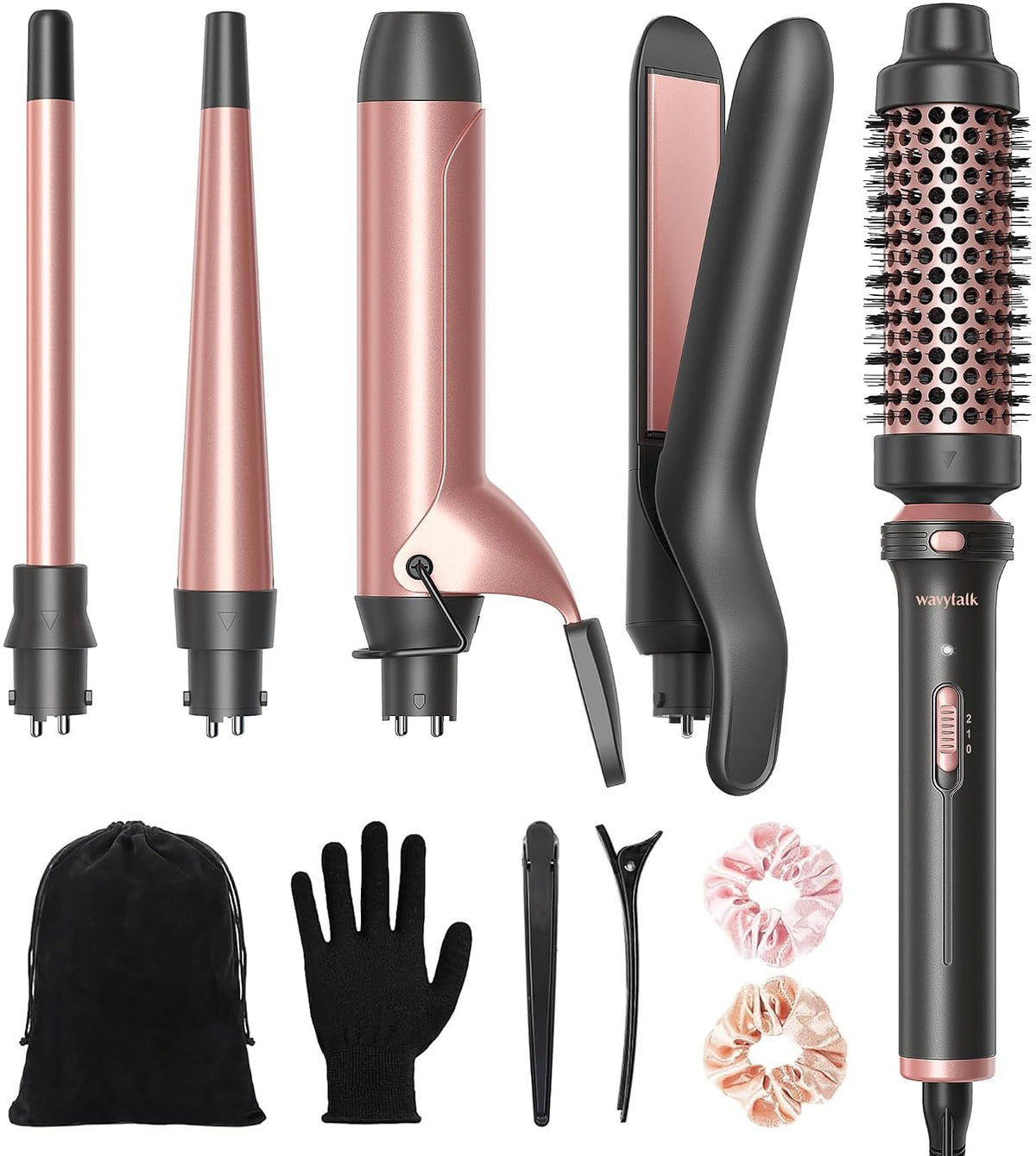 Wavytalk Secador de pelo iónico soplado para cabello rizado con difusor y juego de rizador 5 en 1 con cepillo térmico y 4 varitas rizadoras de cerámica intercambiables (0.5 pies a 1.25 pies)