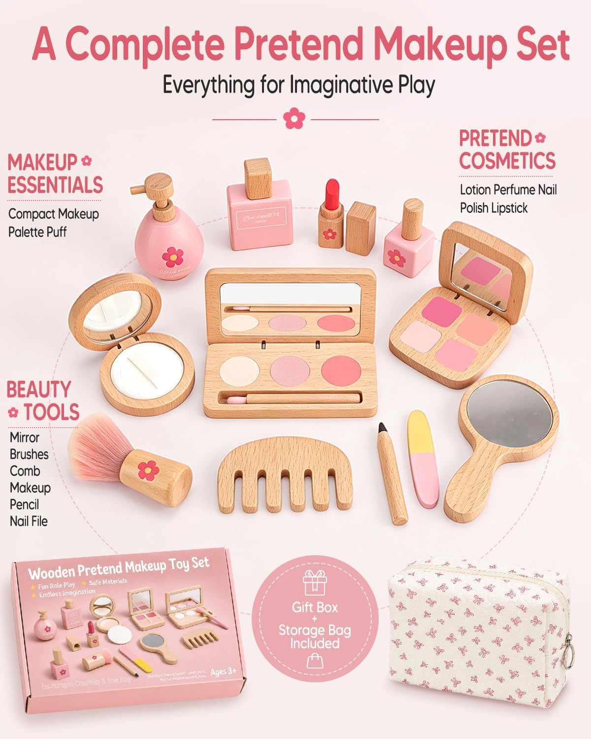 Kit de maquillaje de madera para niñas de 3 a 5 años, juego de maquillaje