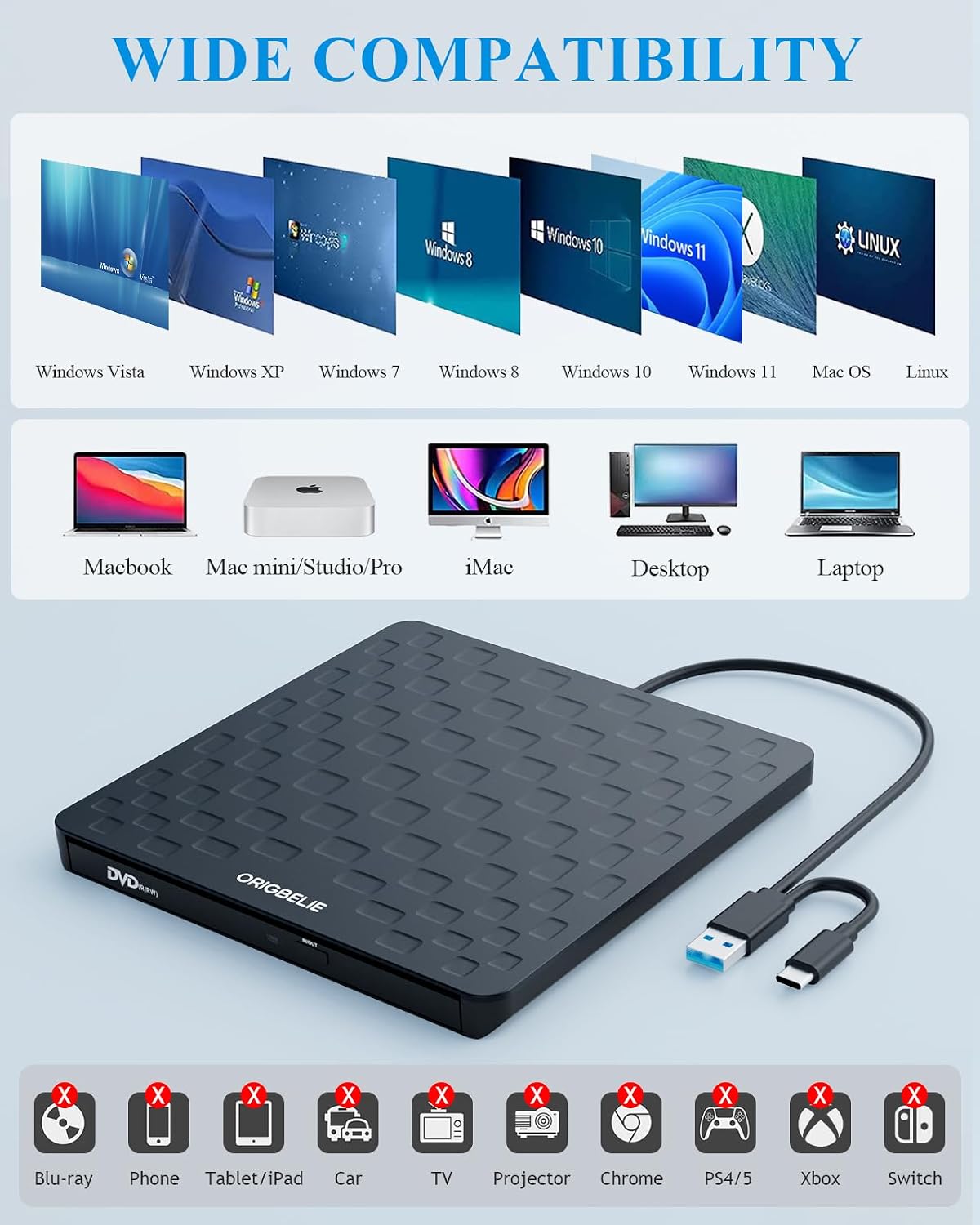 ORIGBELIE - Unidad externa de CD\/DVD para portátil, USB 3.0 tipo C...