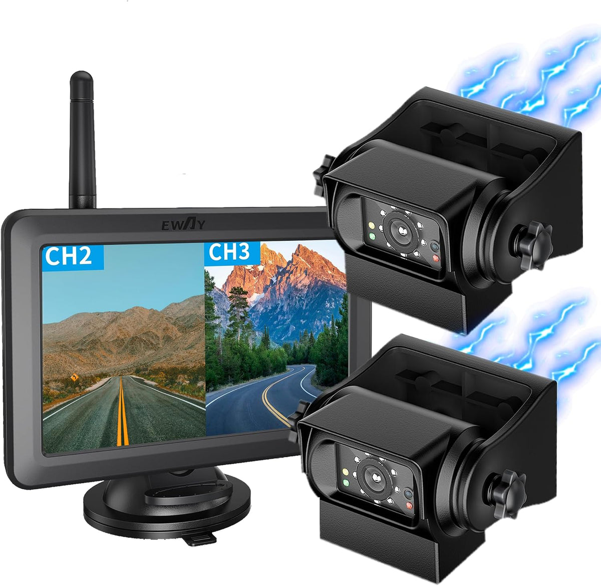 EWAY 2 cámaras magnéticas inalámbricas de respaldo HD1080P con monitor de pantalla dividida de 5 pulgadas, portátil, sin cableado, enganche de remolque, visión nocturna
