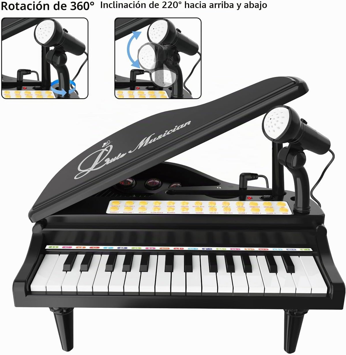 Juguete de teclado de piano para niños, instrumento musical electrónico para niños pequeños, juguete educativo con micrófono, múltiples sonidos, reproducción de grabación, luces y taburete