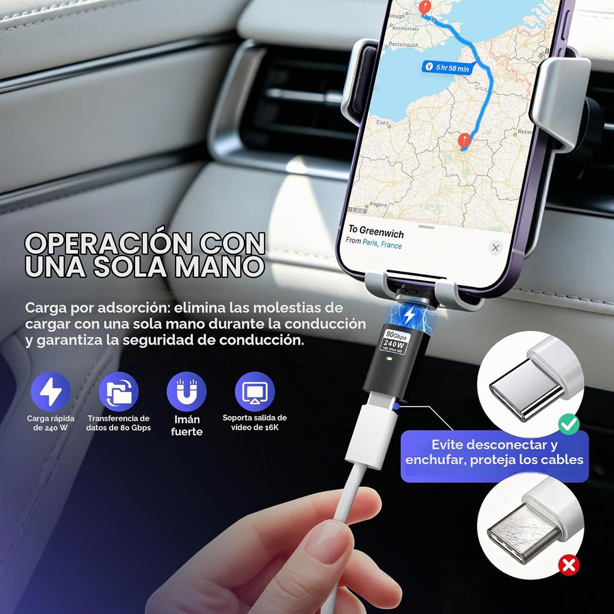 Adaptador Magnético USB C de 240W, 2 Unidades de Adaptador Recto de 24 Pines con Tapón de Polvo
