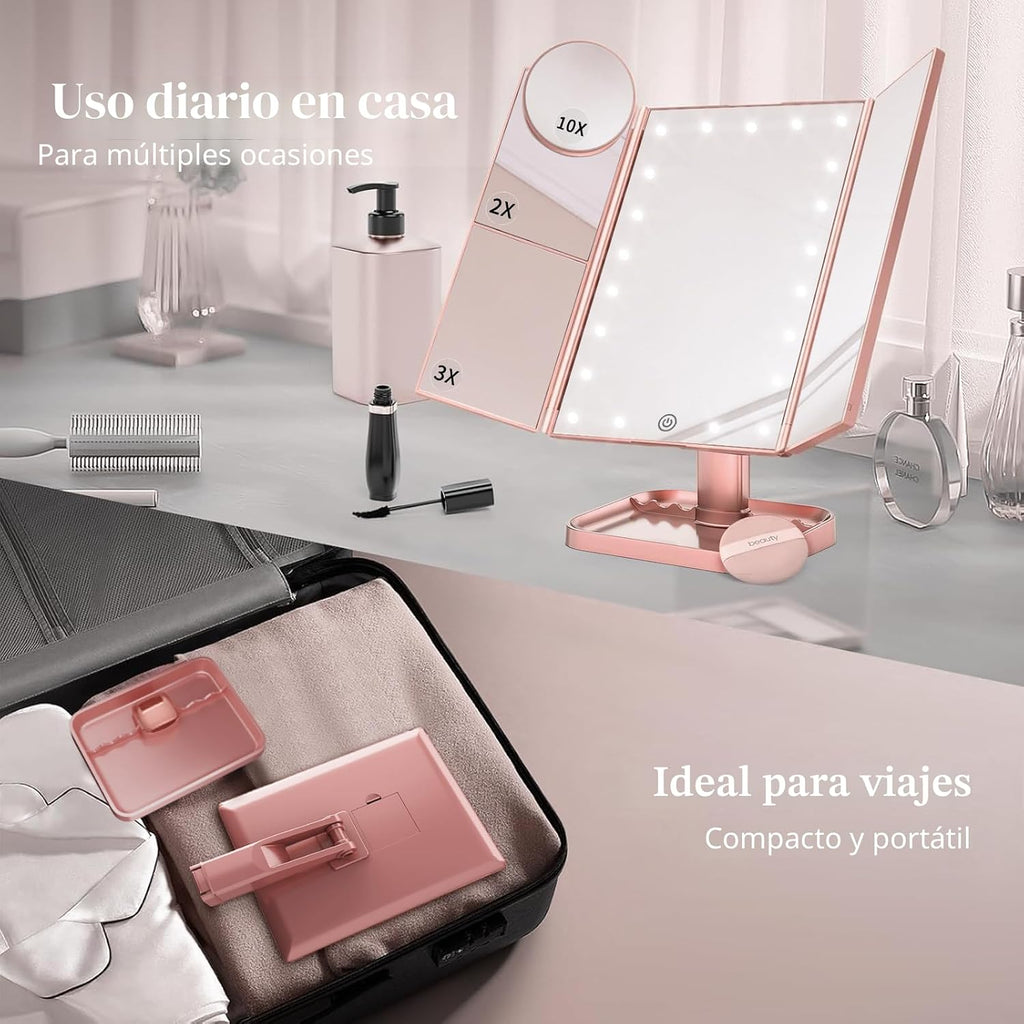 Espejo de tocador con aumento 2X/3X/10X con iluminación, espejo de maquillaje plegable trifold