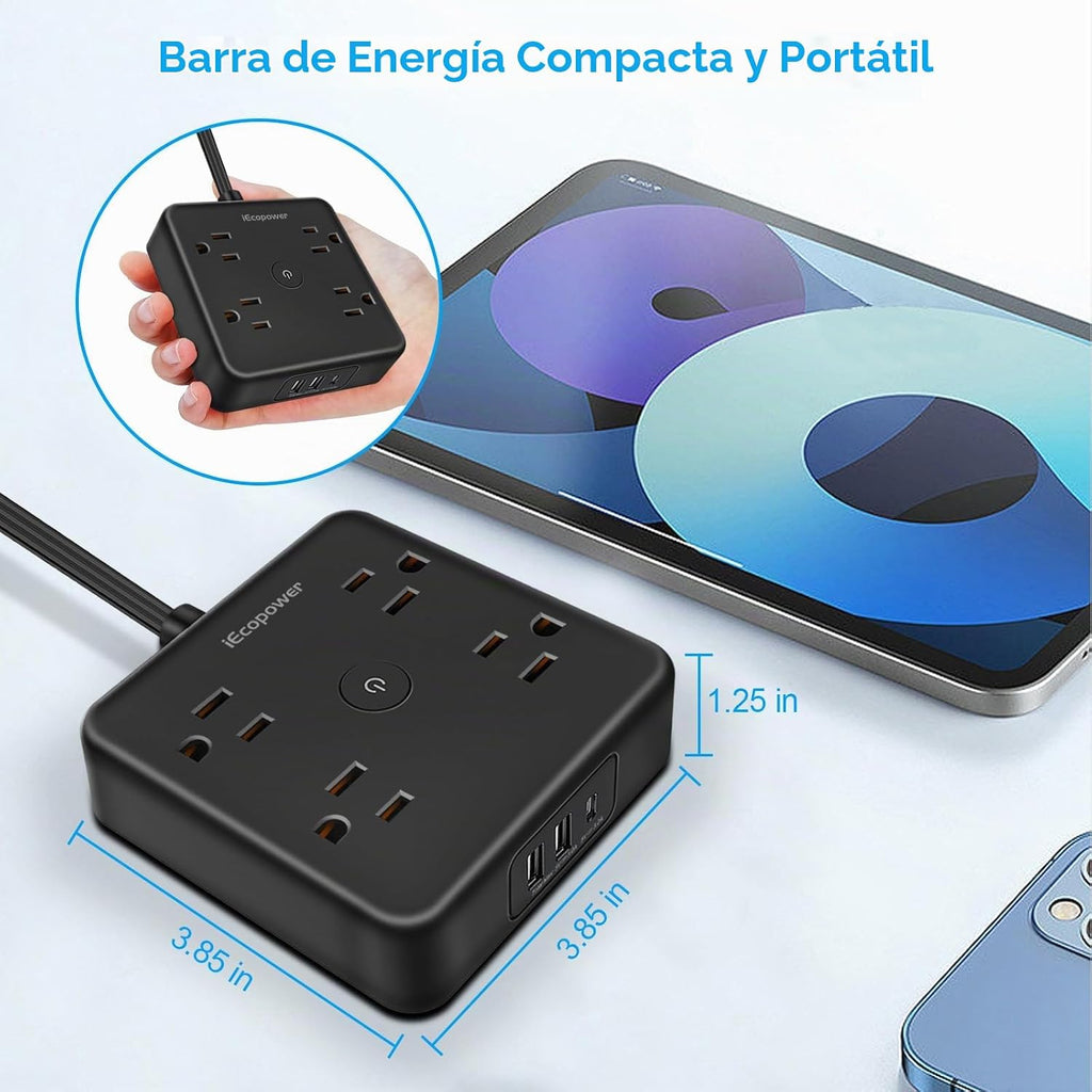 Paquete de 2 regletas de alimentación de enchufe ultra plano, regletas de alimentación con 4 tomas amplias, cable de extensión de enchufe plano de 6 pies con 3 puertos USB (1 puerto USB C), estación de carga de escritorio delgada, color negro