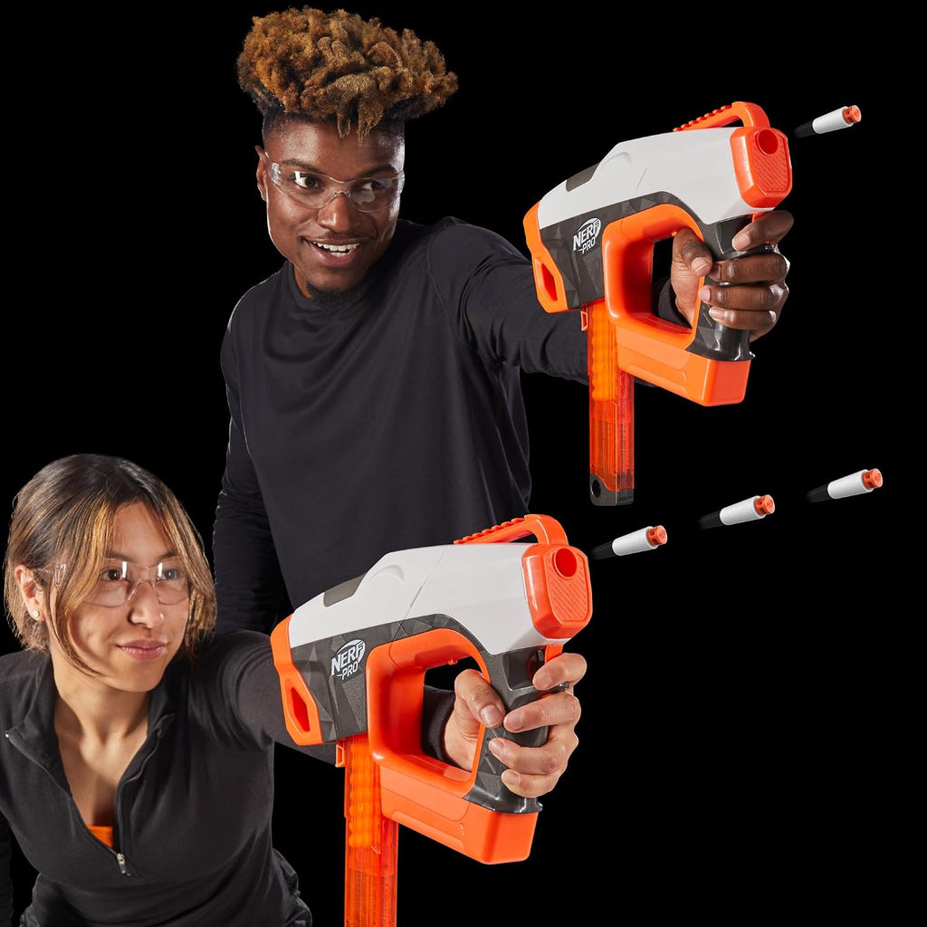 Nerf Pro Sender - Lanzador de dardos semiautomático de longitud media, 150 FPS, 30 dardos Nerf Pro de longitud media, cargador de 15 dardos, lentes, regalos para adolescentes, mayores de 14 años