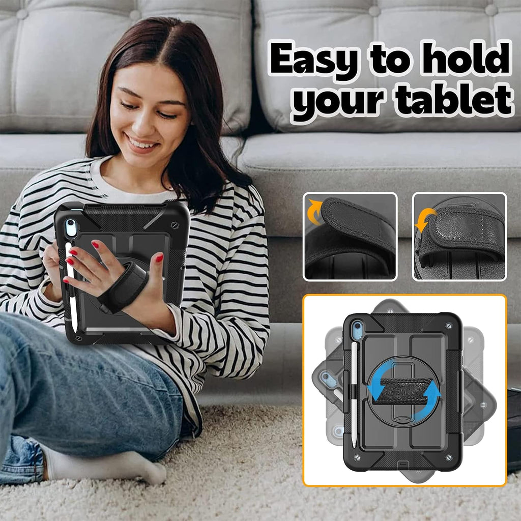 BMOUO Funda para iPad (A16) 11ª generación de 11 pulgadas 2025/iPad de 10.9 pulgadas 2022, soporte giratorio 360 y soporte para lápices y correa de mano y hombro a prueba de golpes, funda para iPad de