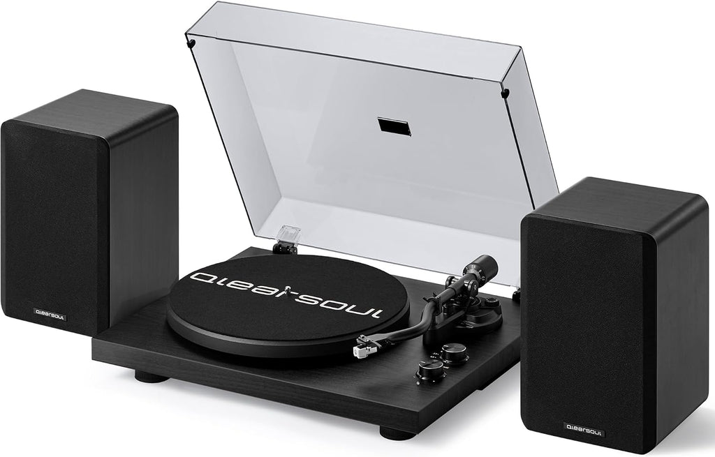 SoulBox S1 Reproductor de Discos de Vinilo con Altavoces Estéreo, Tocadiscos con Preamplificador Integrado, Brazo en Forma de S, 33/45 RPM - Negro
