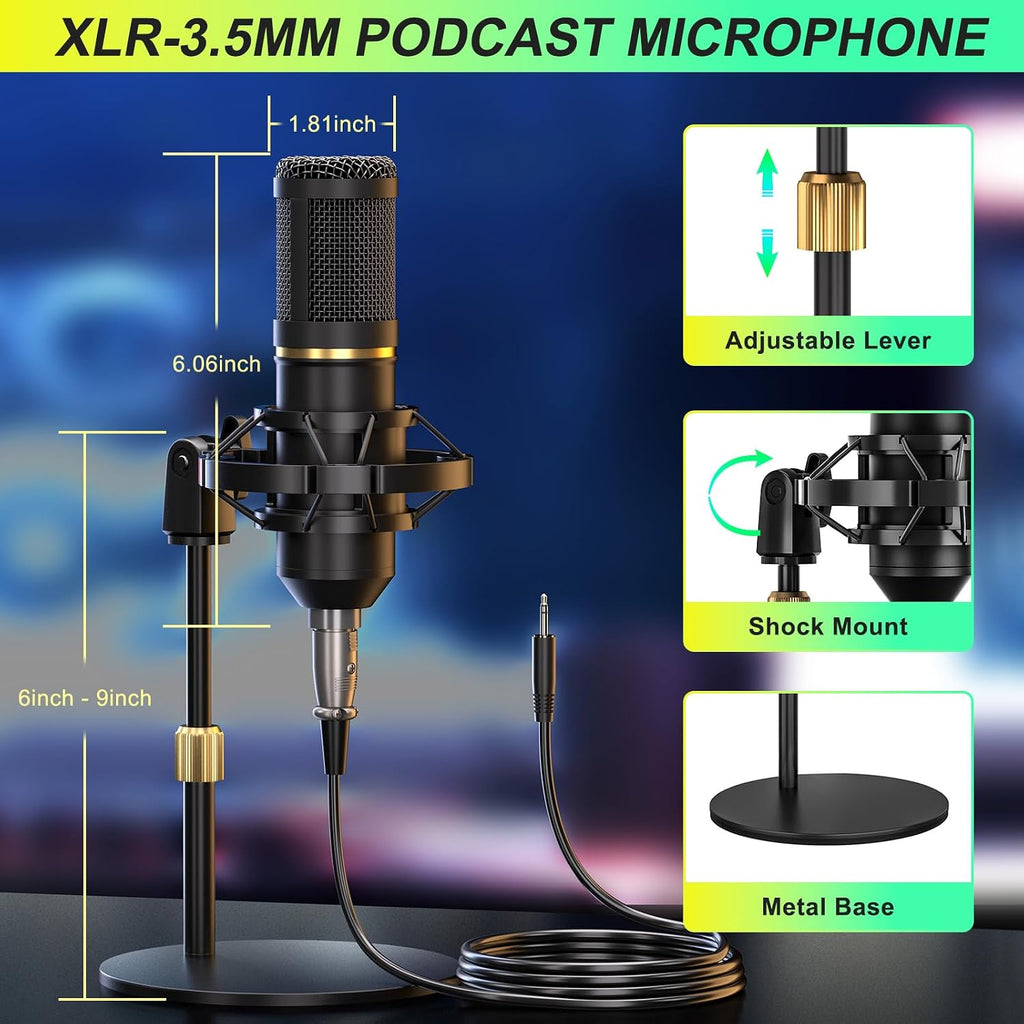 Paquete de micrófono de podcast con tarjeta de sonido en vivo y mezclador de audio, equipo de podcast paquete de tarjeta de sonido con panel de efectos de sonido con micrófono de condensador de 3.5mm