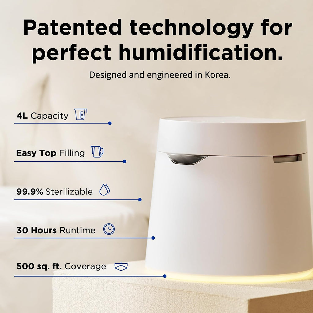 Carepod One Plus Humidificador de Acero Inoxidable para Habitación Grande con Luz de Ambiente, Silencioso y Seguro para Bebé, Solo 3 Partes Lavables, Humidificador Ultrasónico de Niebla Fría Fácil de