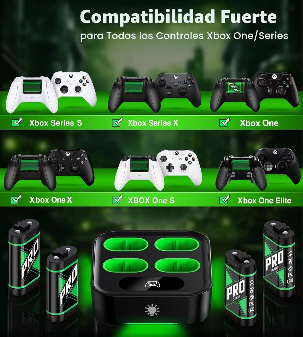 Paquetes de baterías recargables de carga rápida mejoradas con control de luz, 4 x 4080 mWh baterías de controlador Xbox con base de cargador para Xbox Series X|S, One S/X/Elite, fundas y juegos de almacenamiento