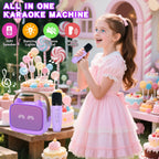 Mgaolo - Máquina de karaoke mini mejorada para niños, altavoz Bluetooth portátil con 2 micrófonos inalámbricos, emoji y luces LED coloridas, regalos para jugar en casa, viajes y fiestas para niños y