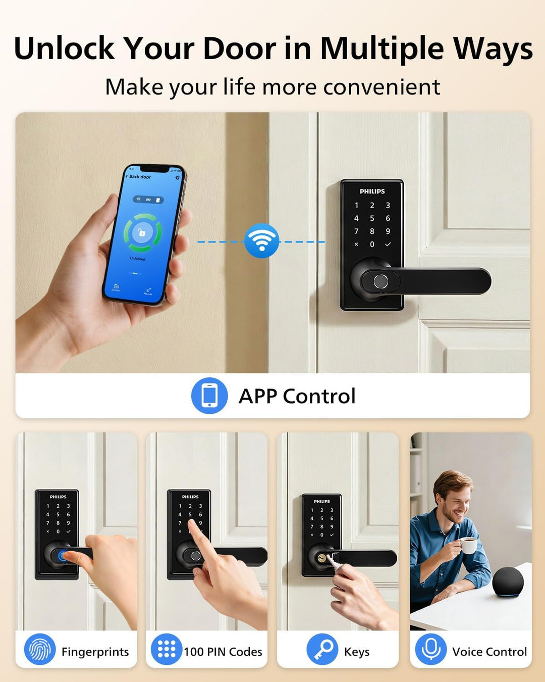 Philips Cerradura de puerta inteligente Wi-Fi con asa, cerradura de...