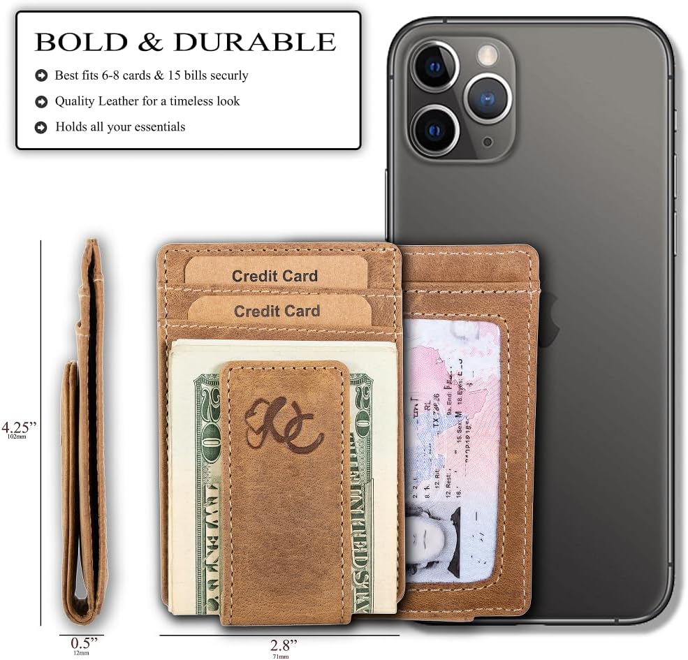 Cartera de cuero de grano completo con bolsillo frontal con protección RFID, diseño delgado, múltiples ranuras para tarjetas, marrón azteca negro, Marrón, Minimalista