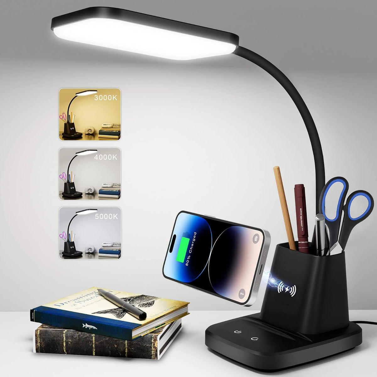 Lámpara Lámpara de escritorio Sailstar, lámparas de escritorio LED para oficina en casa, lámpara de escritorio pequeña con cargador inalámbrico y soporte para bolígrafo, 3 modos de color, regulable, CRI 85