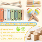 Ehome - Juego de instrumentos musicales Montessori de madera para niños y niñas de 3, 4, 5, 6 años, kit de música de percusión de color neutro con tambor, xilófono, bolsa de almacenamiento, regalo de aprendizaje de cumpleaños