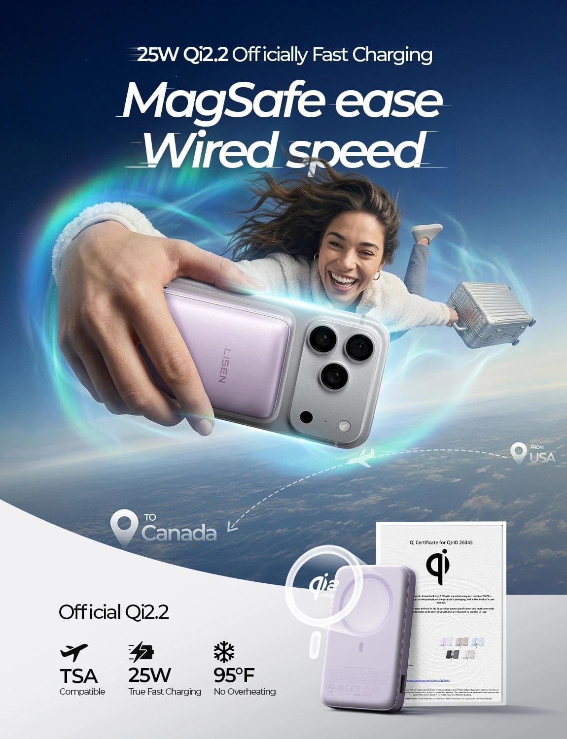 LISEN Cargador portátil magnético para iPhone 10000mAh, Violeta suave