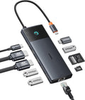 Baseus Estación de acoplamiento con monitor doble, estación de acoplamiento 10 Gbps 10 en 1 con 2 HDMI individual 4K @120Hz, dual 4K @ 60Hz, 10Gbps USB C y USB A, Gigabit Ethernet, PD 100W, SD/TF para