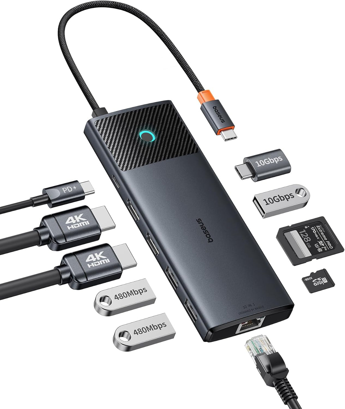 Baseus Estación de acoplamiento con monitor doble, estación de acoplamiento 10 Gbps 10 en 1 con 2 HDMI individual 4K @120Hz, dual 4K @ 60Hz, 10Gbps USB C y USB A, Gigabit Ethernet, PD 100W, SD/TF para