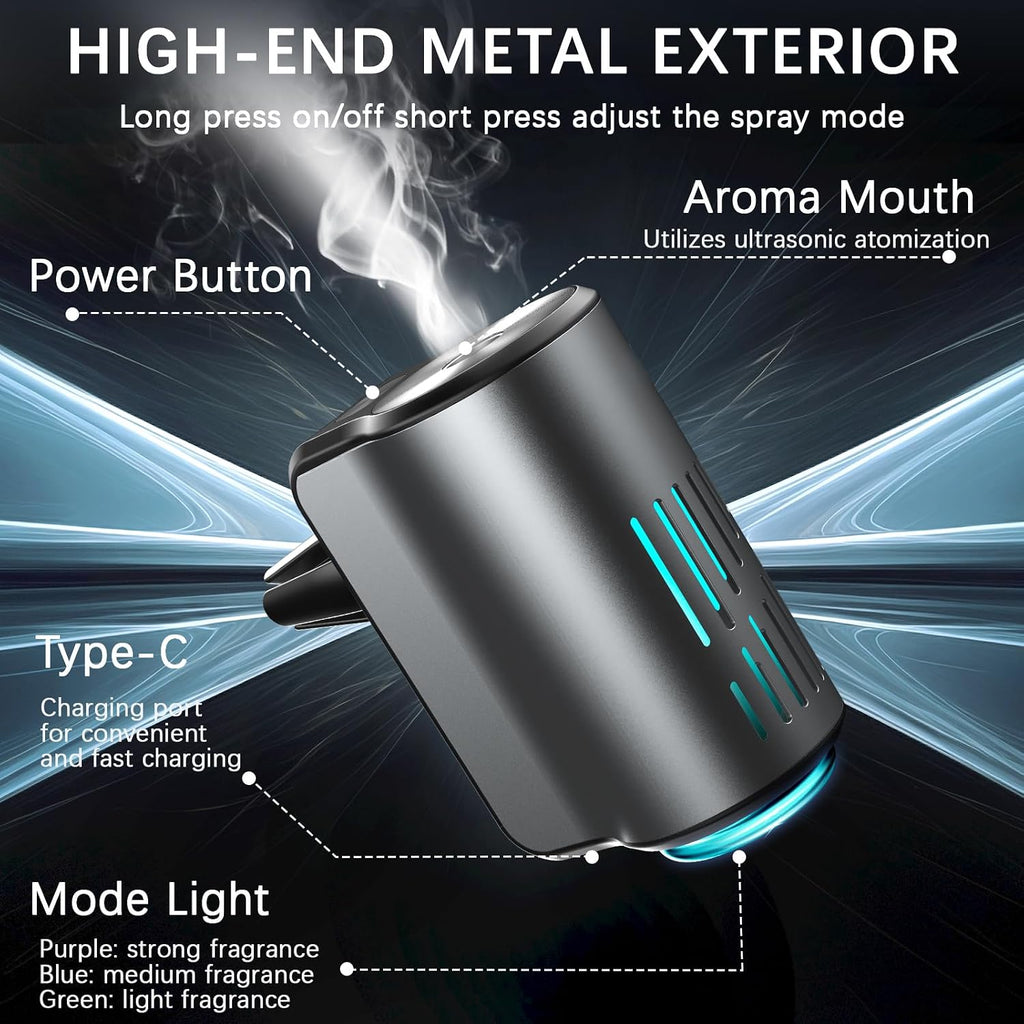 Difusor de ambientador de automóvil, ambientador inteligente para automóvil con tres modos de luz ajustables, aromatizante recargable para carro con 8 piezas de aceite esencial, de larga duración
