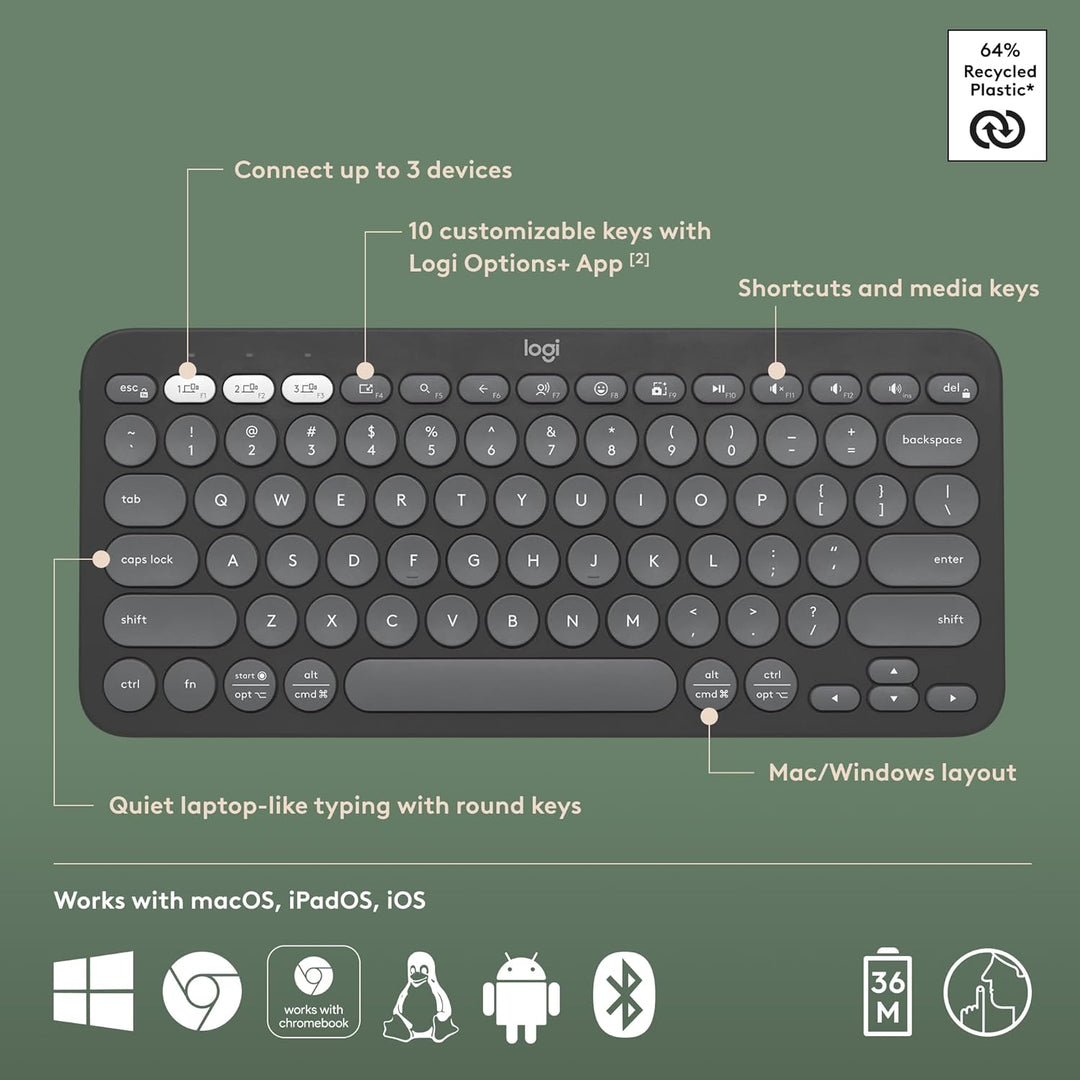 Logitech Pebble Keys 2 K380s, teclado inalámbrico Bluetooth multidi...