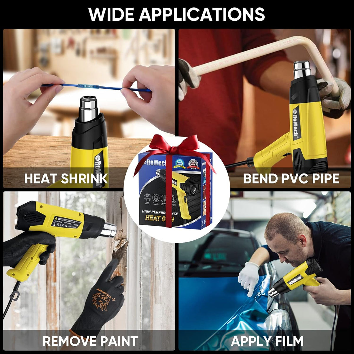 Pistola de calor resistente de 1500 W, kit de pistola de aire caliente con control de temperatura variable con 2 caudales de aire de 120 °F a 1200 °F y 4 boquillas para manualidades (amarillo)