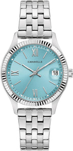 Caravelle by Bulova Reloj clásico de mujer con calendario día-fecha, borde tipo moneda, 3 manecillas, cuarzo
