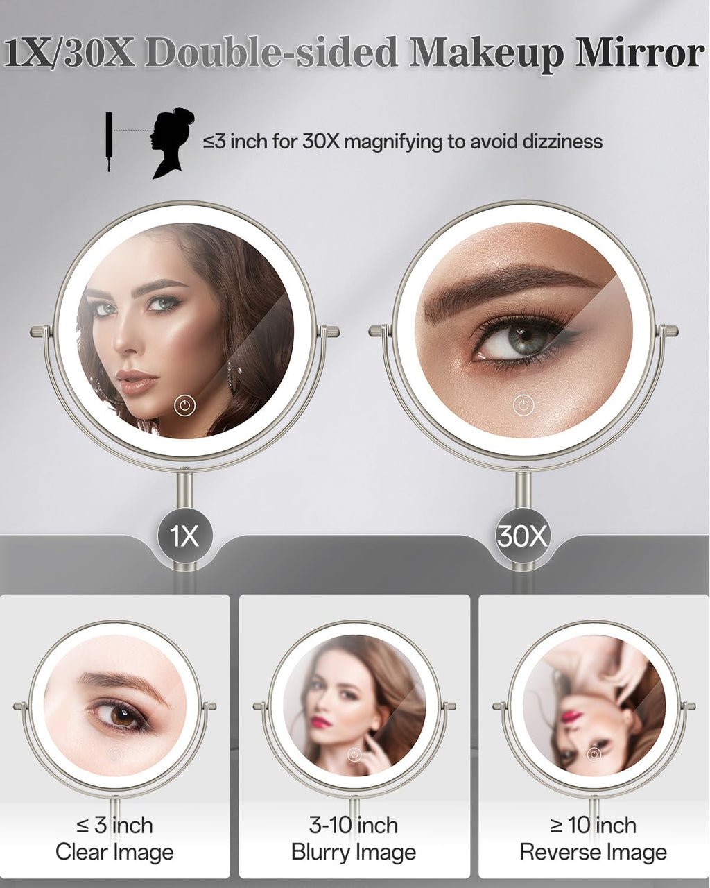 Espejo de maquillaje iluminado de 8 pulgadas con luz, espejo ajustable de altura de aumento 30X