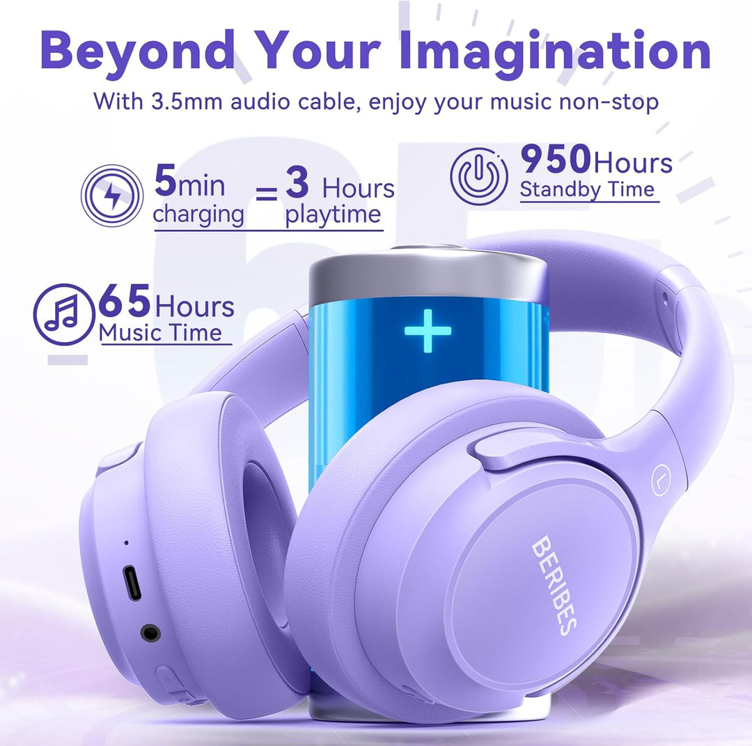 BERIBES Auriculares Bluetooth sobre la oreja, tiempo de reproducció...