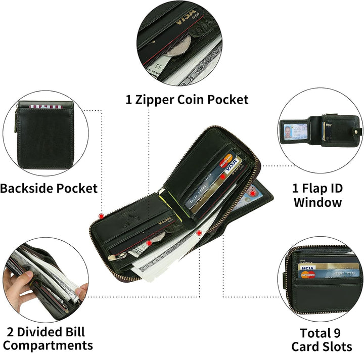 MING CLAN Billetera plegable de cuero con bloqueo RFID para hombres...