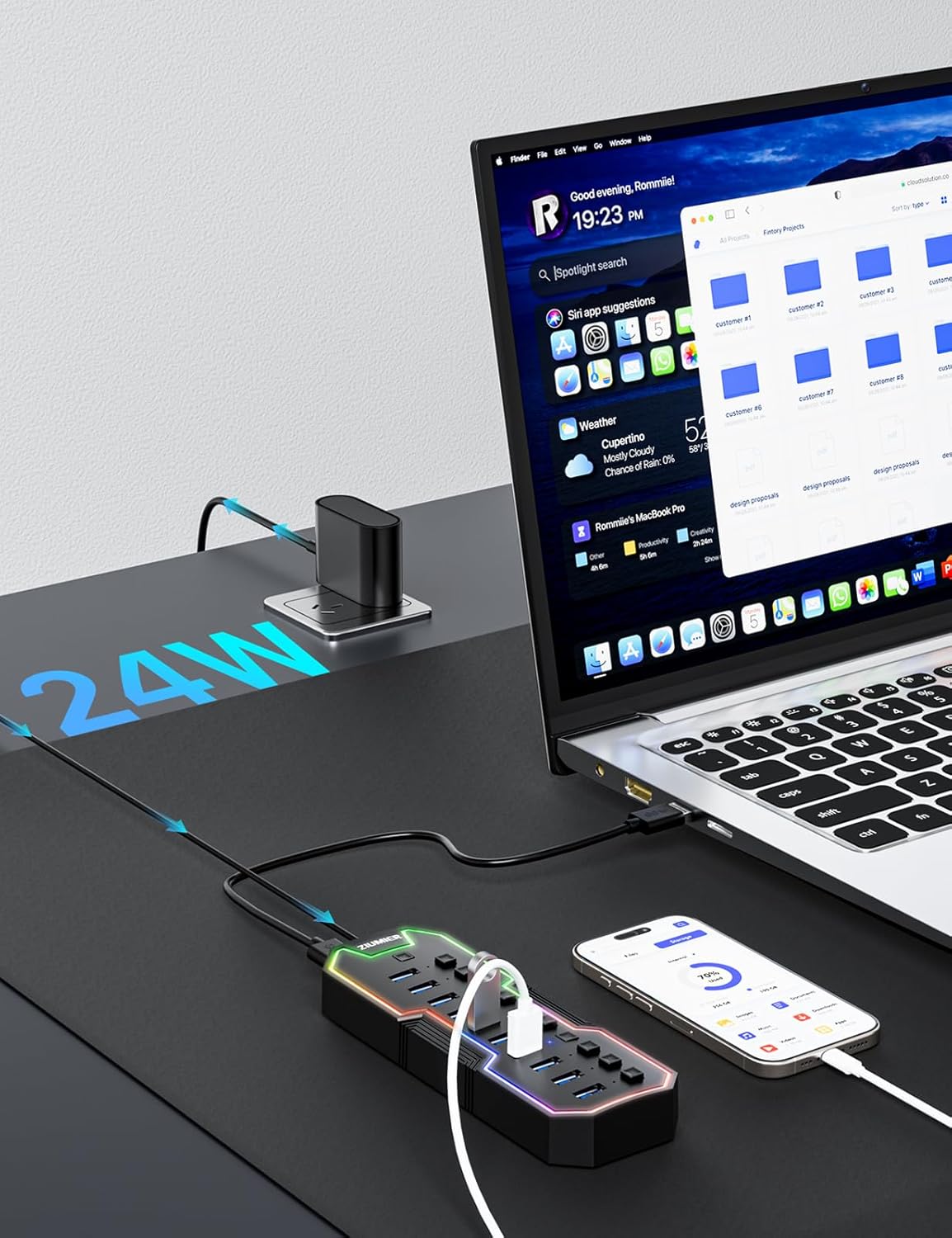 ZIUMIER, L100, hub USB 3.0 de 10 puertos, alimentado, adaptador 12V/2A