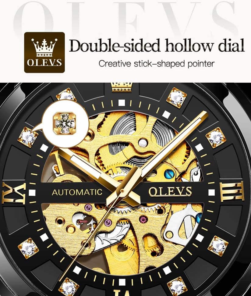OLEVS Reloj de esqueleto de oro para hombre automático mecánico de cuerda automática lujoso de vestir de acero inoxidable impermeable luminoso relojes de pulsera