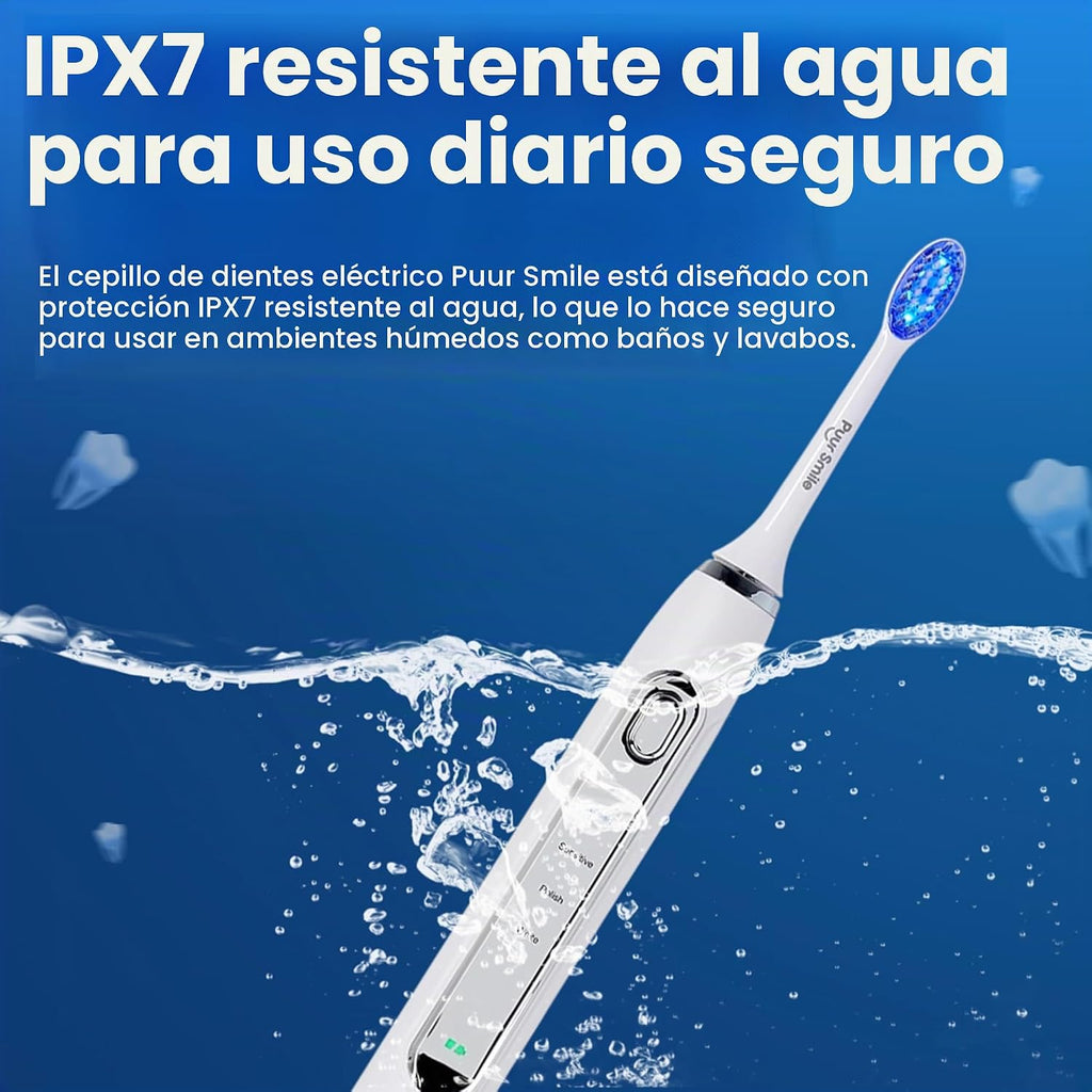 Puur Smile - Cepillo de dientes eléctrico de cerdas suaves, recargable con carga inalámbrica, 2 cabezales de cepillo (LED azul) para adultos, 4 modos de limpieza con temporizador inteligente, IPX7 impermeable, batería de larga duración