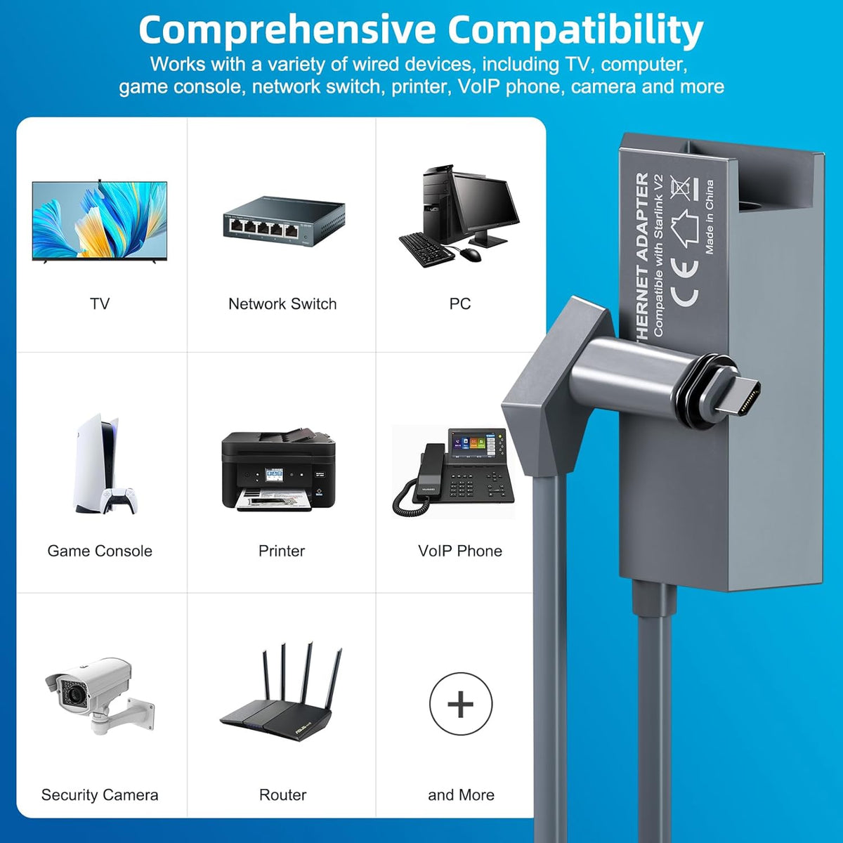 Adaptador Ethernet Starlink para Internet Satelital Rectangular V2, Adaptador Ethernet Starlink Gen 2 para Conexión Externa Cableada Rápida y Estable Star-Link Estándar Activado Gen 2