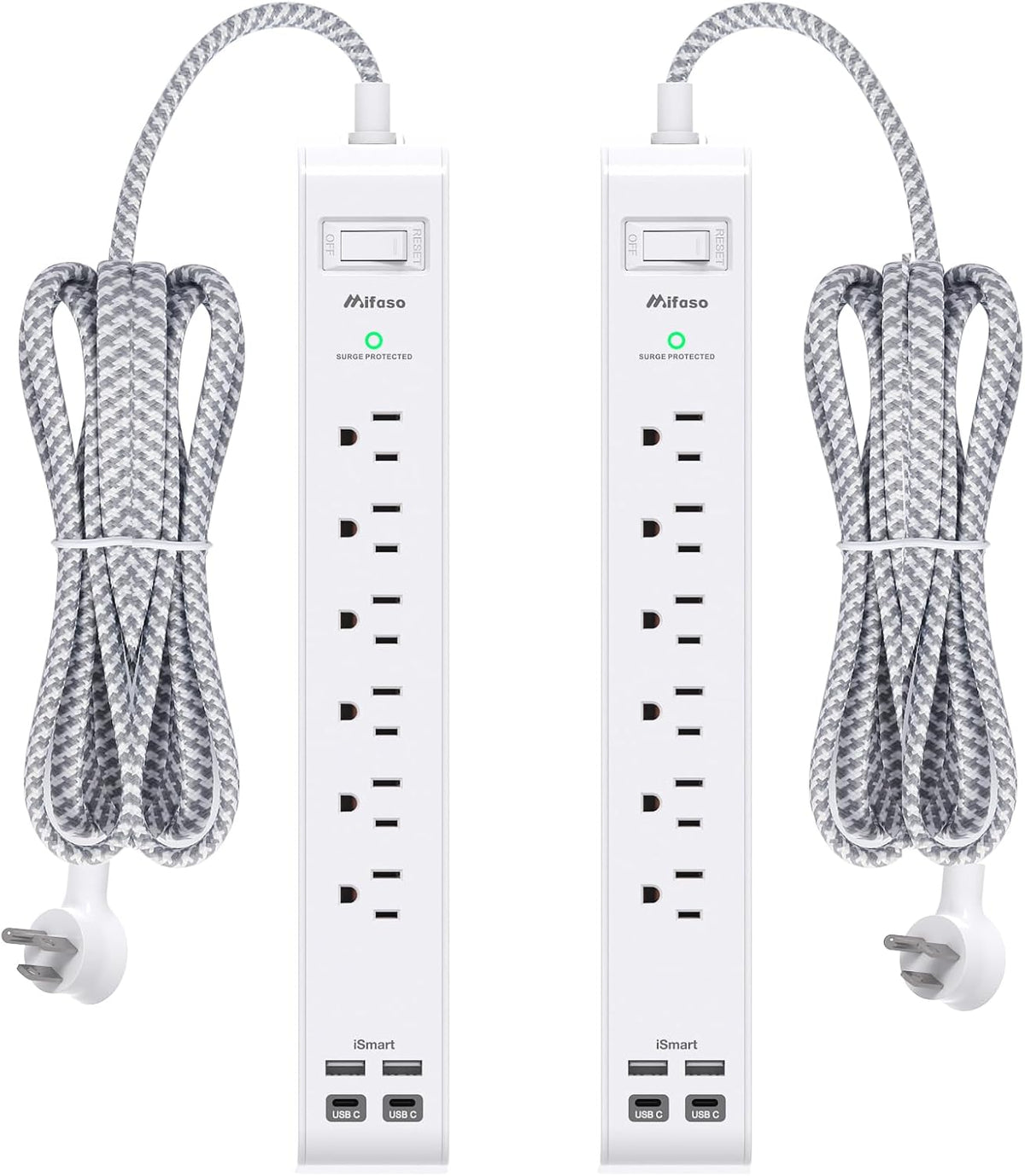 Mifaso Paquete de 2 regletas de alimentación, cable de extensión de enchufe