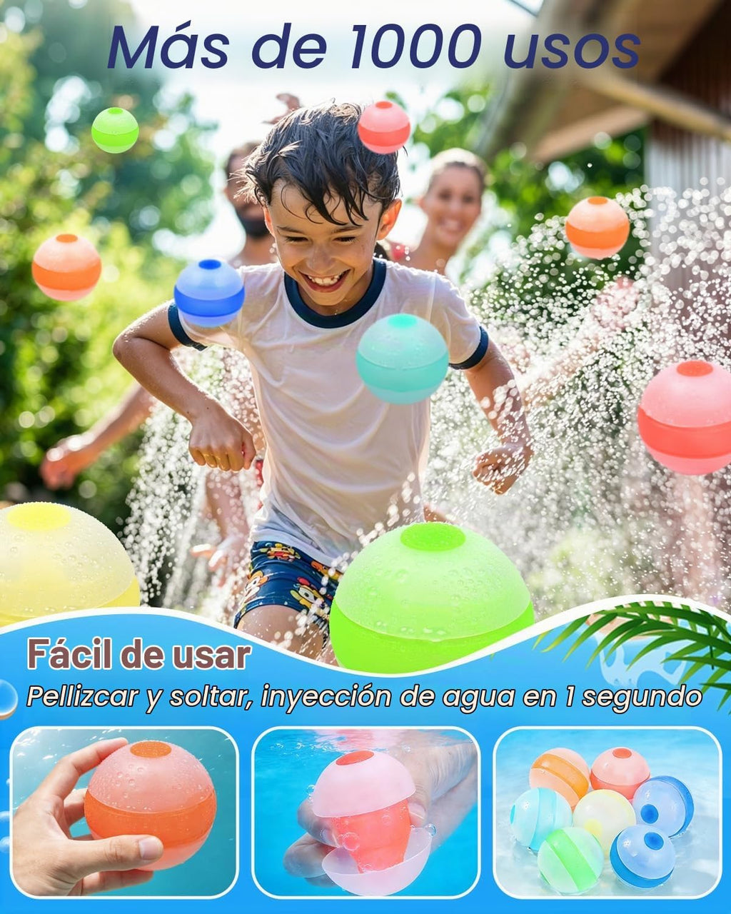 Globos de agua reutilizables, globos de bomba de agua autosellantes de llenado rápido, bola de agua de silicona recargable con bolsa de malla para juegos de verano para niños, playa al aire libre