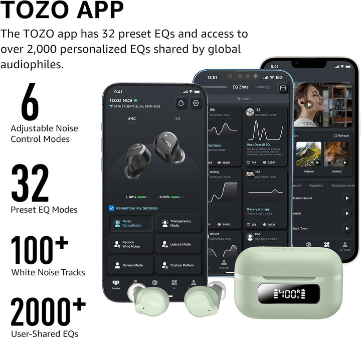 TOZO NC9 Auriculares inalámbricos híbridos con cancelación activa d...