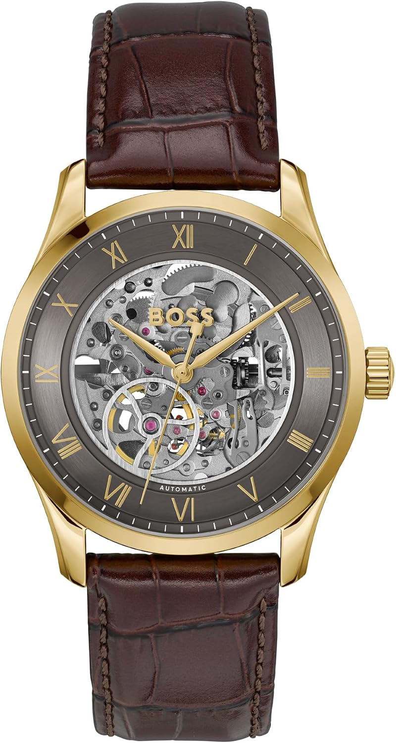 BOSS Reloj automático Principle para hombre, caja de acero inoxidable, movimiento japonés, reserva de marcha de 42 horas, esfera esquelética, caja de exposición, reloj de lujo, regalo para él