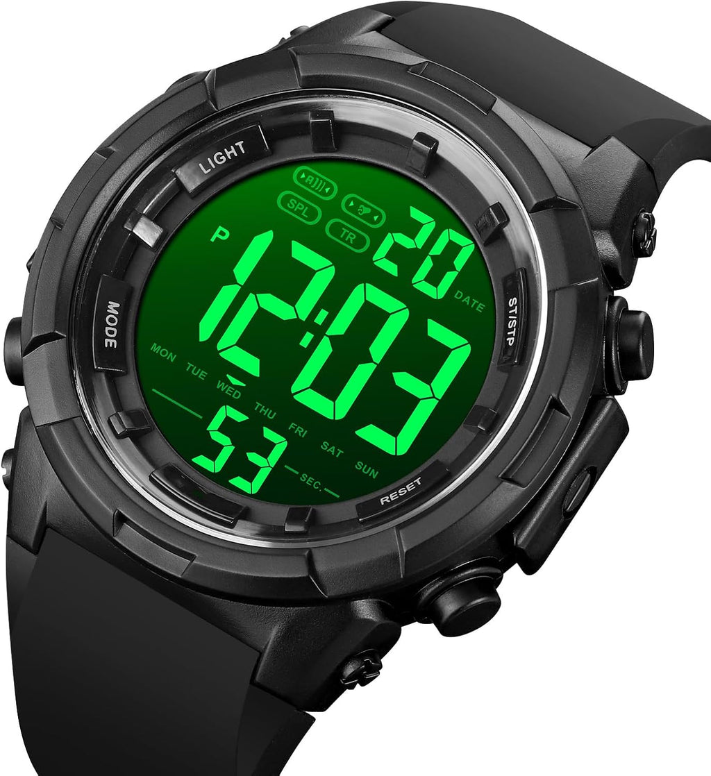 XCZAP Reloj deportivo digital negro para hombre, reloj táctico militar de cara grande, resistente al agua 5ATM, retroiluminación LED, alarma, cronómetro, doble hora