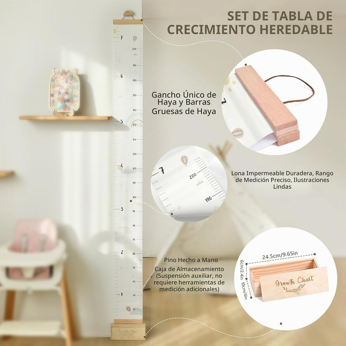 let's make Tabla de crecimiento para pared, tabla de altura de 7 pies con caja de recuerdos y gancho, regla de pared de lona impermeable, extraíble neutra, decoración de pared para bebés, niños pequeños