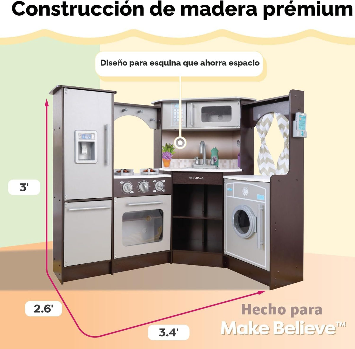 KidKraft Ultimate - Cocina de esquina de madera con luces y sonidos, teléfono de juego y cortinas, Espresso, regalo para niños de 3 años en adelante