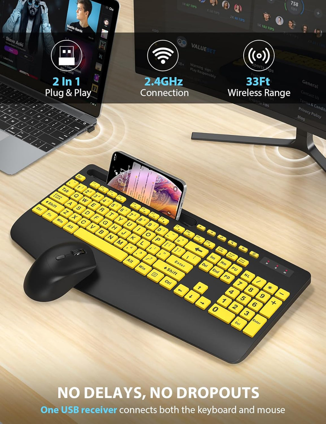 Combo de teclado y mouse inalámbricos - Teclado ergonómico de letra...